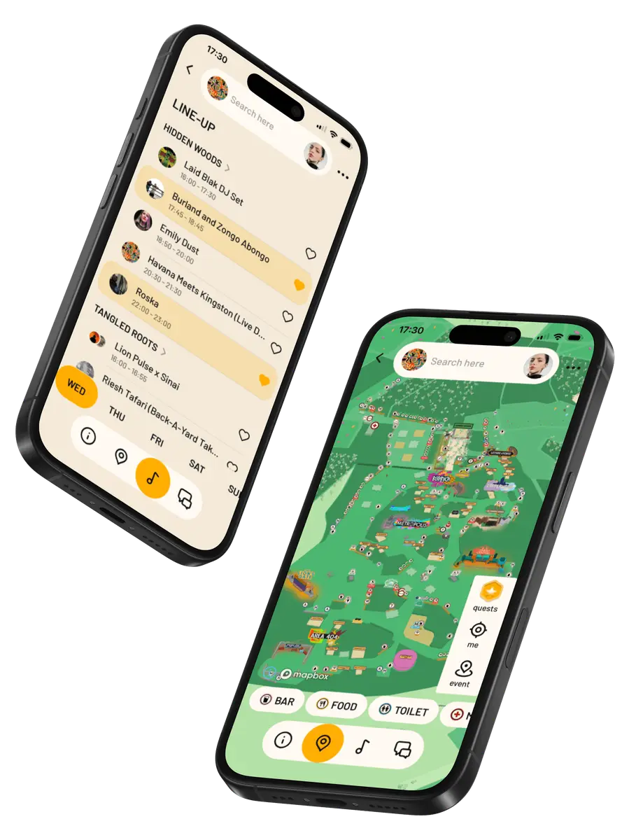 Branded Amplify App for Boomtown festival running on a phone